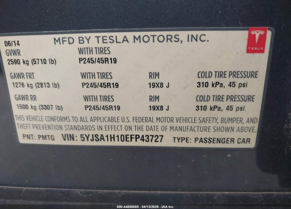 2014 TESLA MODEL S P85 VIN: 5YJSA1H10EFP43727