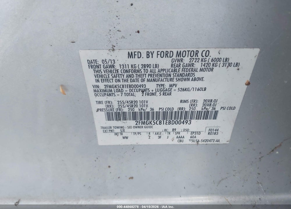 2014 FORD FLEX SEL VIN: 2FMGK5C81EBD00493