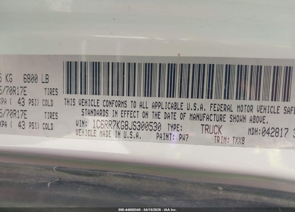 2018 RAM 1500 TRADESMAN  4X4 5'7 BOX VIN: 1C6RR7KG8JS300530