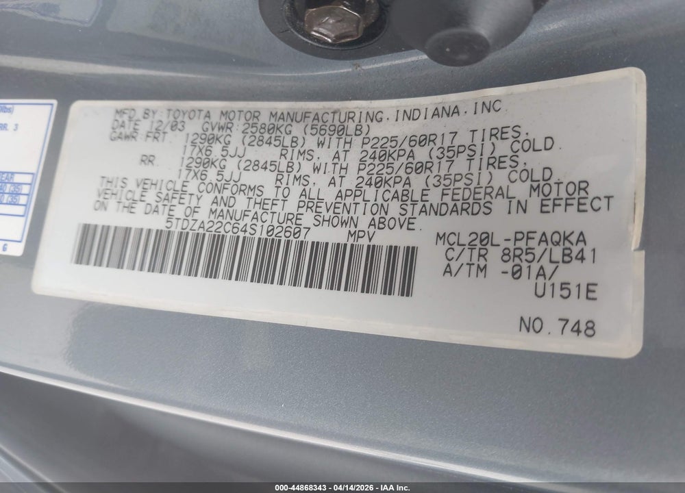 2004 TOYOTA SIENNA XLE LIMITED VIN: 5TDZA22C64S102607