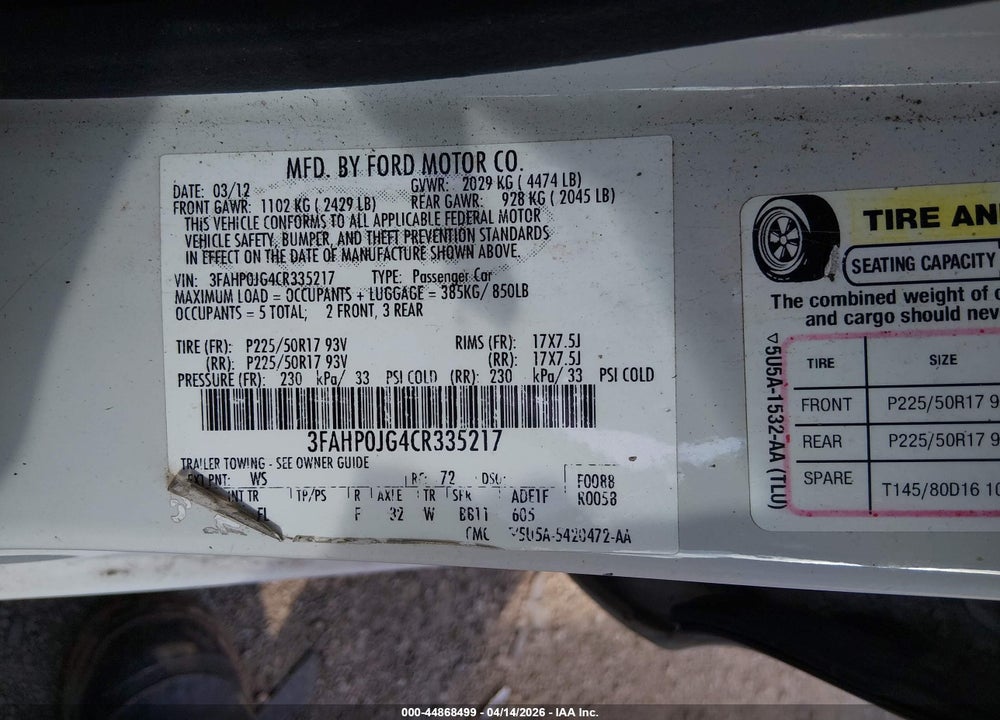 2012 FORD FUSION SEL VIN: 3FAHP0JG4CR335217