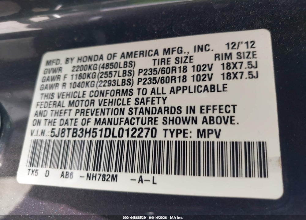 2013 ACURA RDX VIN: 5J8TB3H51DL012270