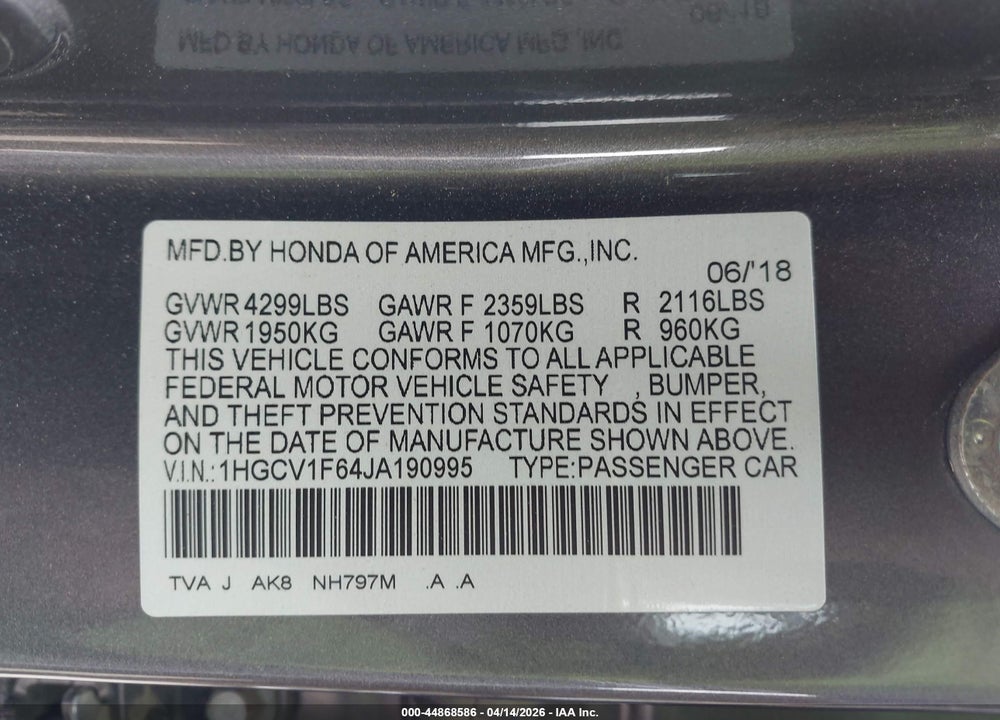 2018 HONDA ACCORD SEDAN EX-L NAVI 1.5T VIN: 1HGCV1F64JA190995