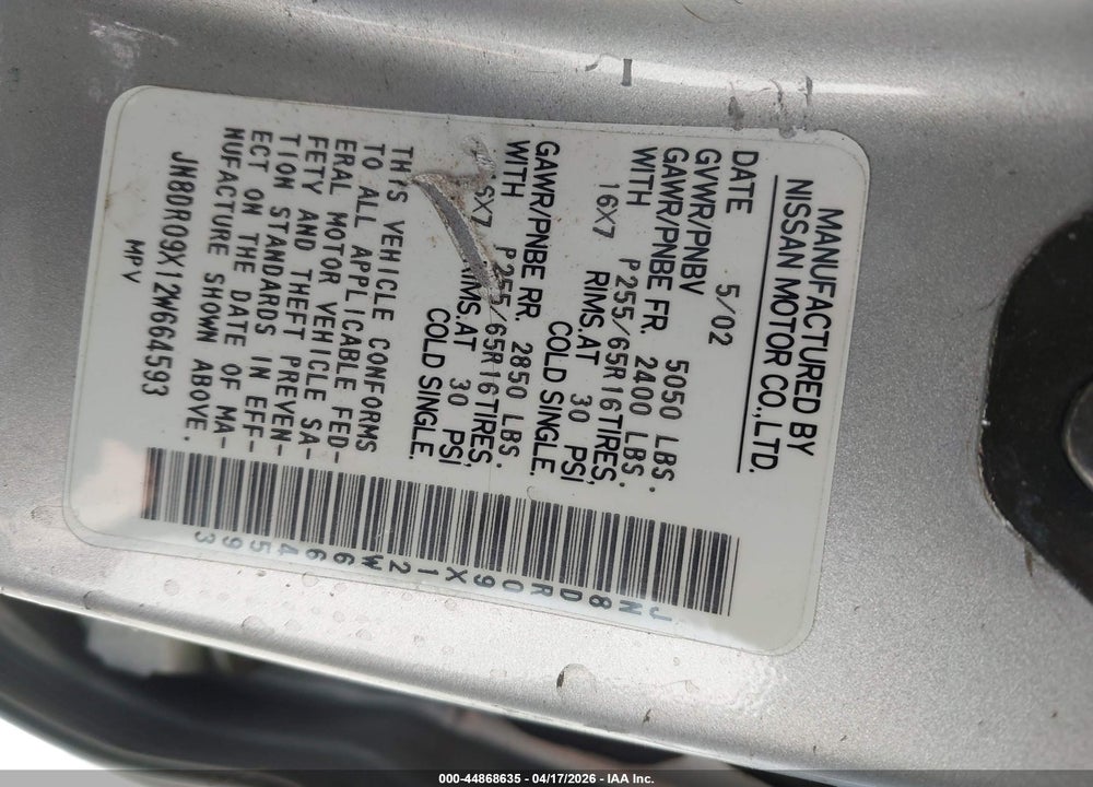 2002 NISSAN PATHFINDER SE VIN: JN8DR09X12W664593