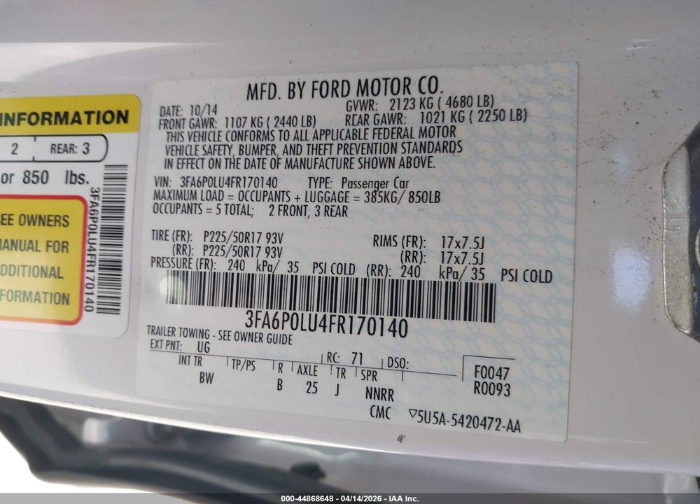 2015 FORD FUSION HYBRID SE VIN: 3FA6P0LU4FR170140