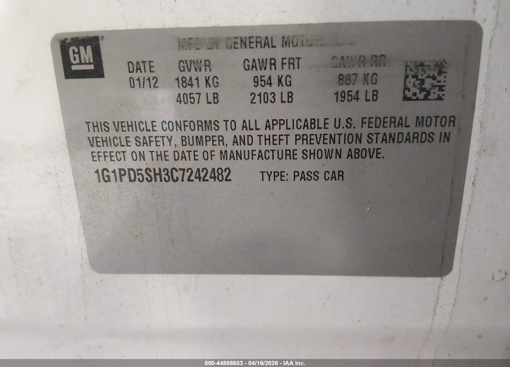 2012 CHEVROLET CRUZE LS VIN: 1G1PD5SH3C7242482