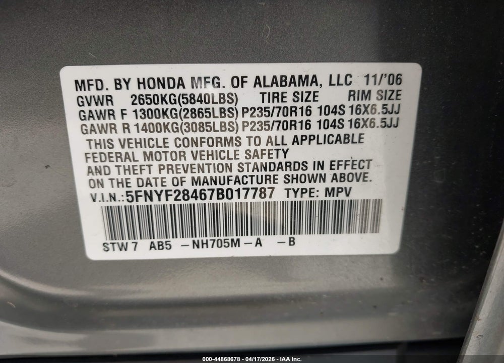 2007 HONDA PILOT EX VIN: 5FNYF28467B017787