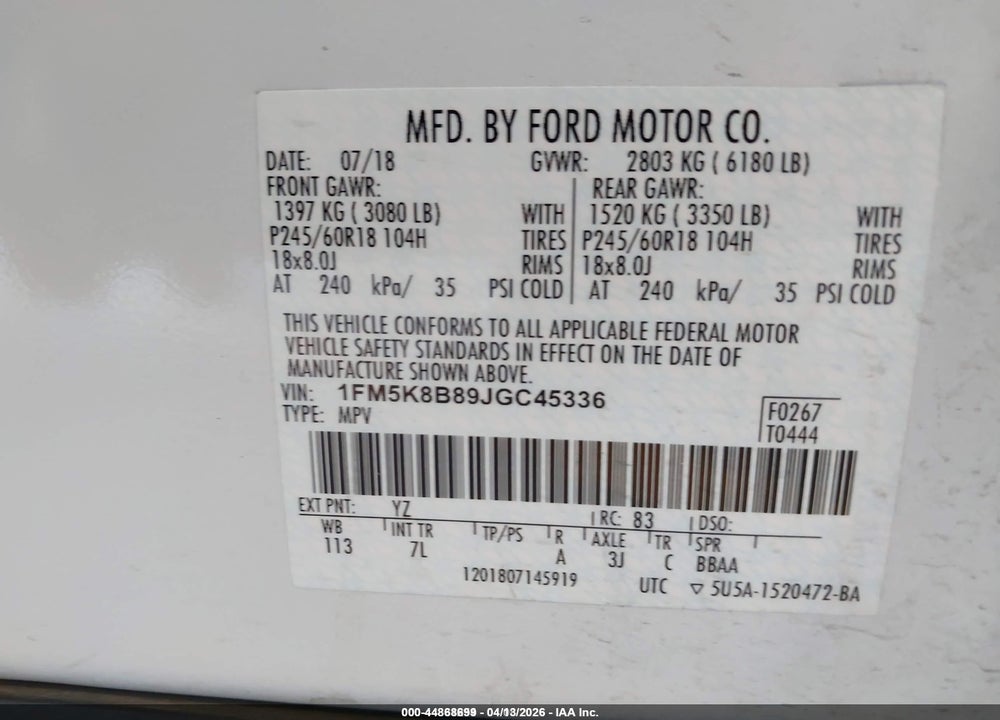 2018 FORD EXPLORER VIN: 1FM5K8B89JGC45336