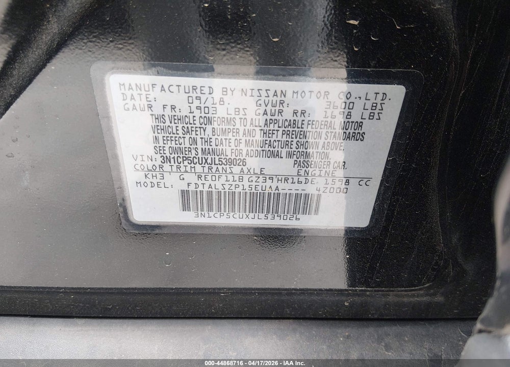 2018 NISSAN KICKS SV VIN: 3N1CP5CUXJL539026