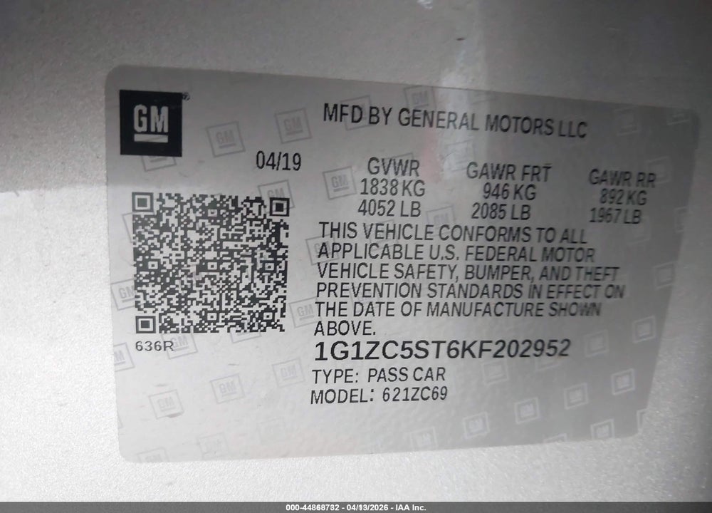 2019 CHEVROLET MALIBU 1FL VIN: 1G1ZC5ST6KF202952