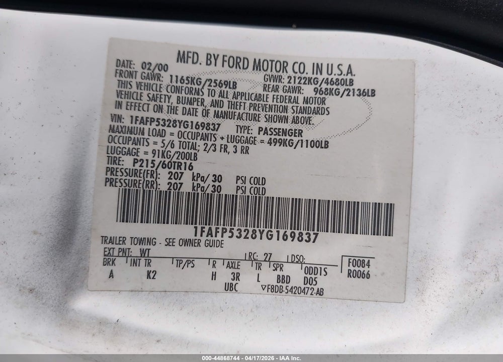 2000 FORD TAURUS SE VIN: 1FAFP5328YG169837