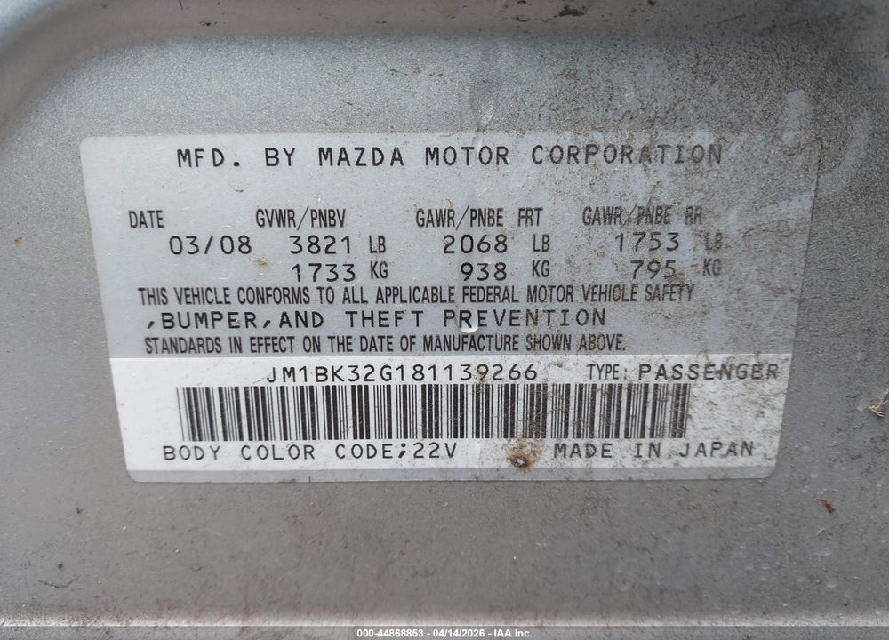 2008 MAZDA 3 I TOURING VALUE VIN: JM1BK32G181139266