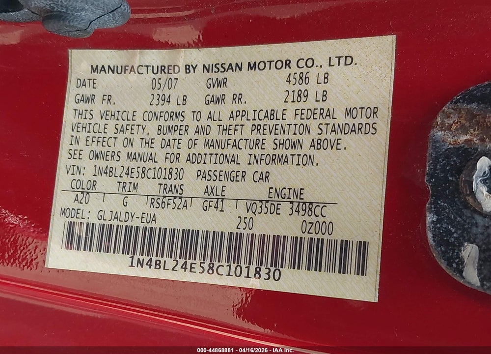 2008 NISSAN ALTIMA 3.5 SE VIN: 1N4BL24E58C101830