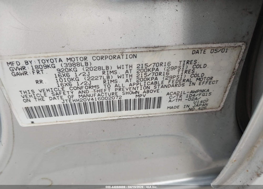 2001 TOYOTA RAV4 VIN: JTEHH20V416002072