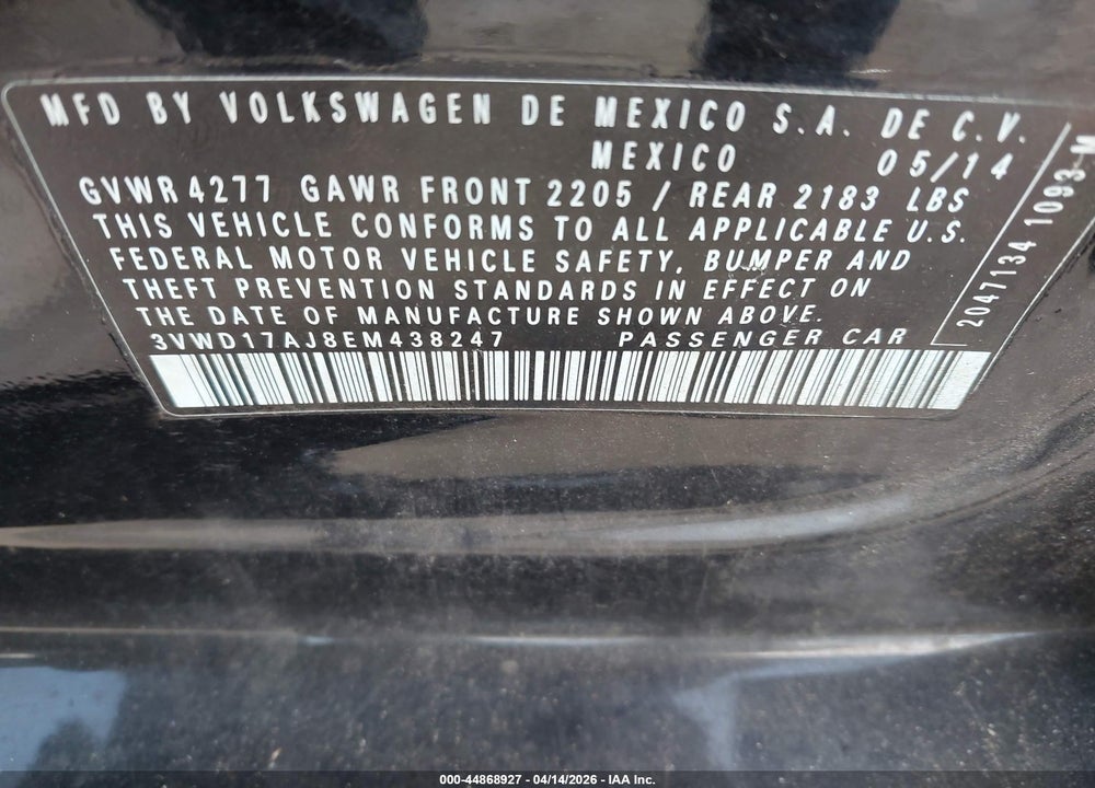 2014 VOLKSWAGEN JETTA 1.8T SE VIN: 3VWD17AJ8EM438247