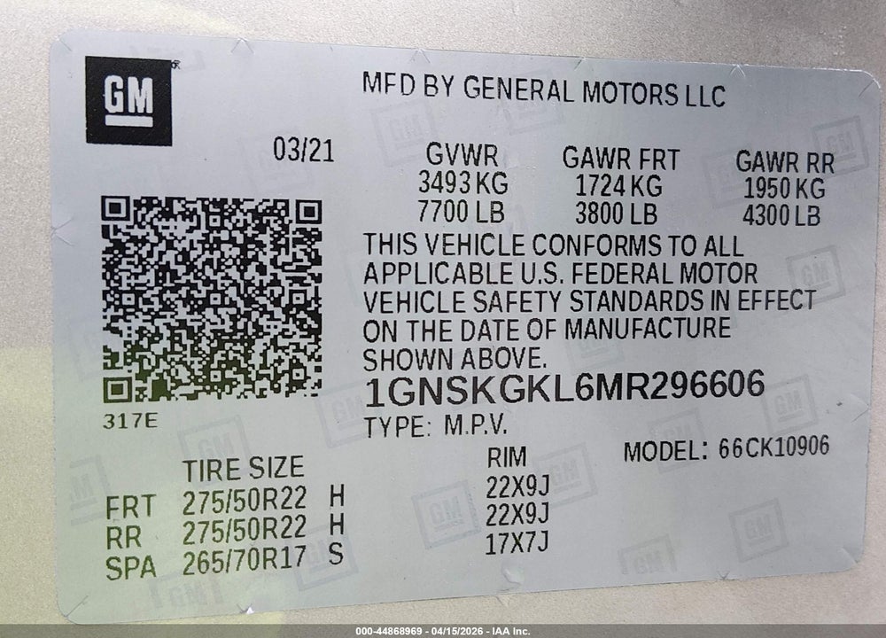 2021 CHEVROLET SUBURBAN 4WD HIGH COUNTRY VIN: 1GNSKGKL6MR296606