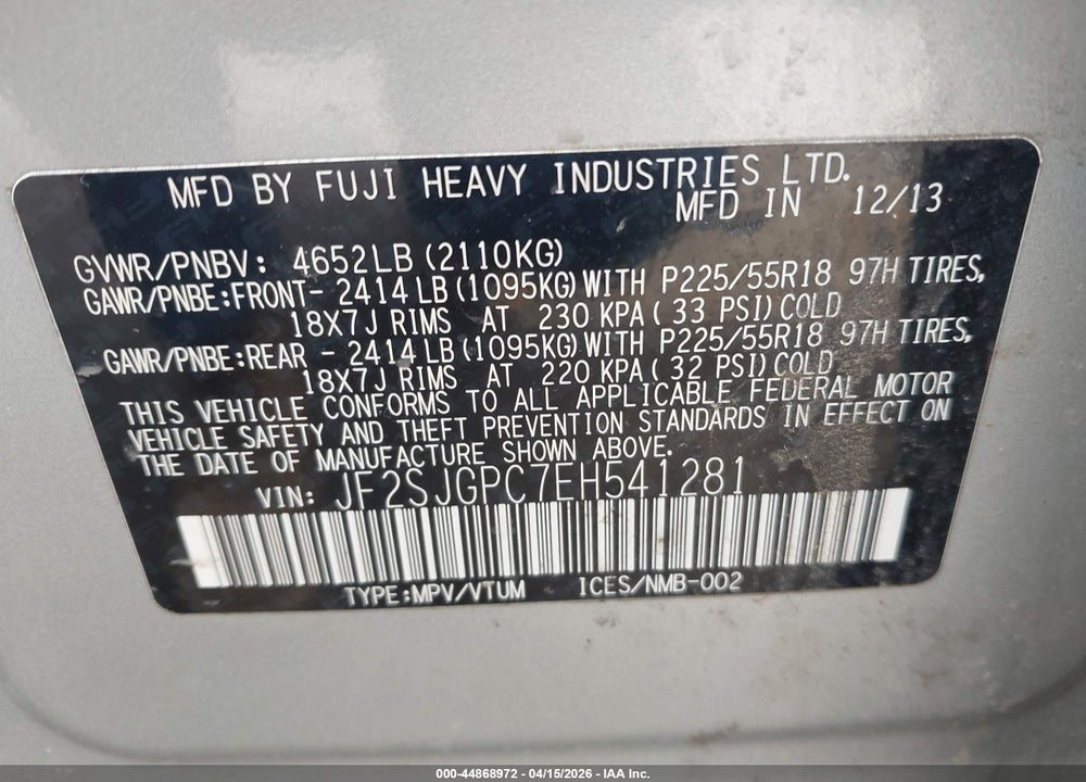 2014 SUBARU FORESTER 2.0XT TOURING VIN: JF2SJGPC7EH541281