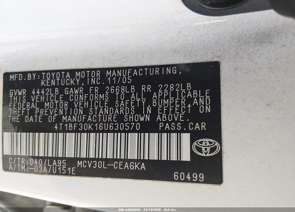 2006 TOYOTA CAMRY XLE V6 VIN: 4T1BF30K16U630570
