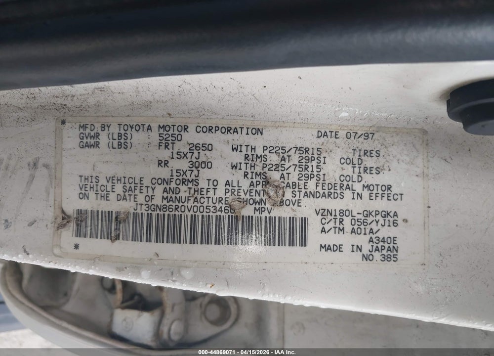 1997 TOYOTA 4RUNNER SR5 V6 VIN: JT3GN86R0V0053460