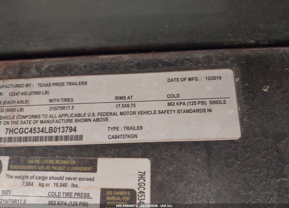 2020 TEXAS PRIDE TRAILERS UNKNOWN VIN: 7HCGC4534LB013794
