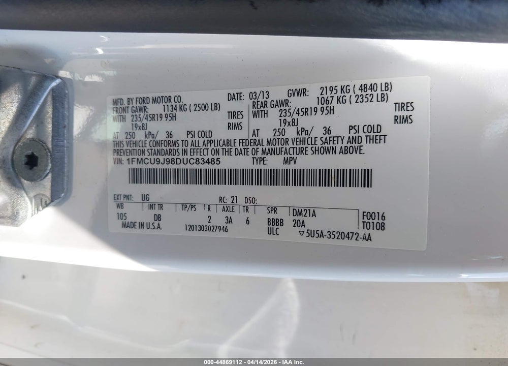 2013 FORD ESCAPE TITANIUM VIN: 1FMCU9J98DUC83485