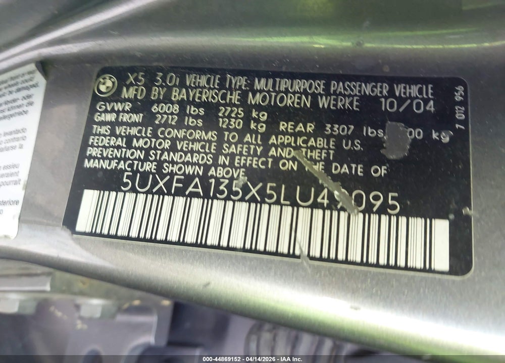 2005 BMW X5 3.0I VIN: 5UXFA135X5LU49095