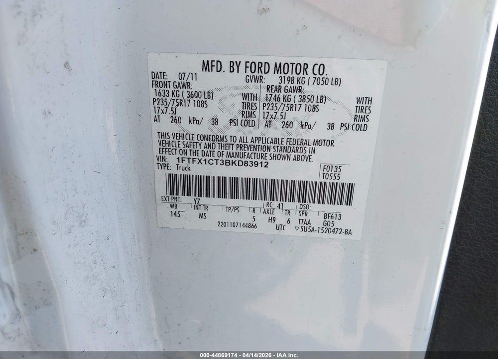 2011 FORD F-150 XLT VIN: 1FTFX1CT3BKD83912