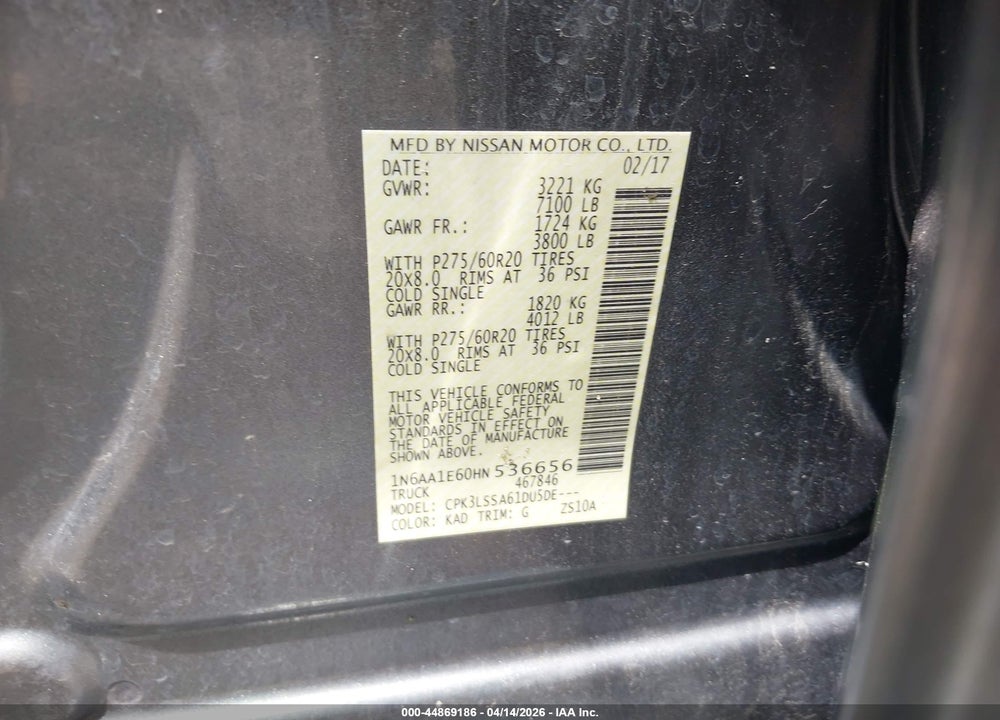 2017 NISSAN TITAN SV VIN: 1N6AA1E60HN536656