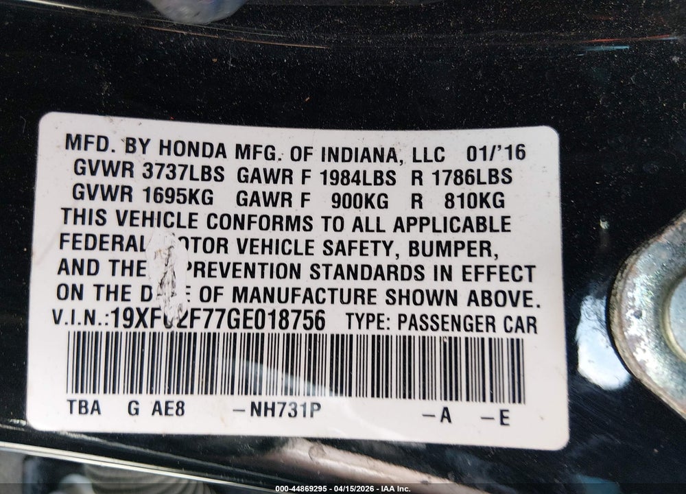 2016 HONDA CIVIC EX VIN: 19XFC2F77GE018756