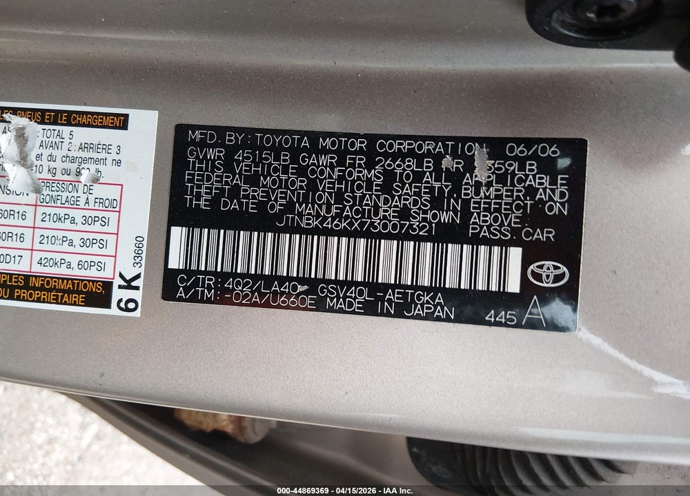 2007 TOYOTA CAMRY XLE V6 VIN: JTNBK46KX73007321