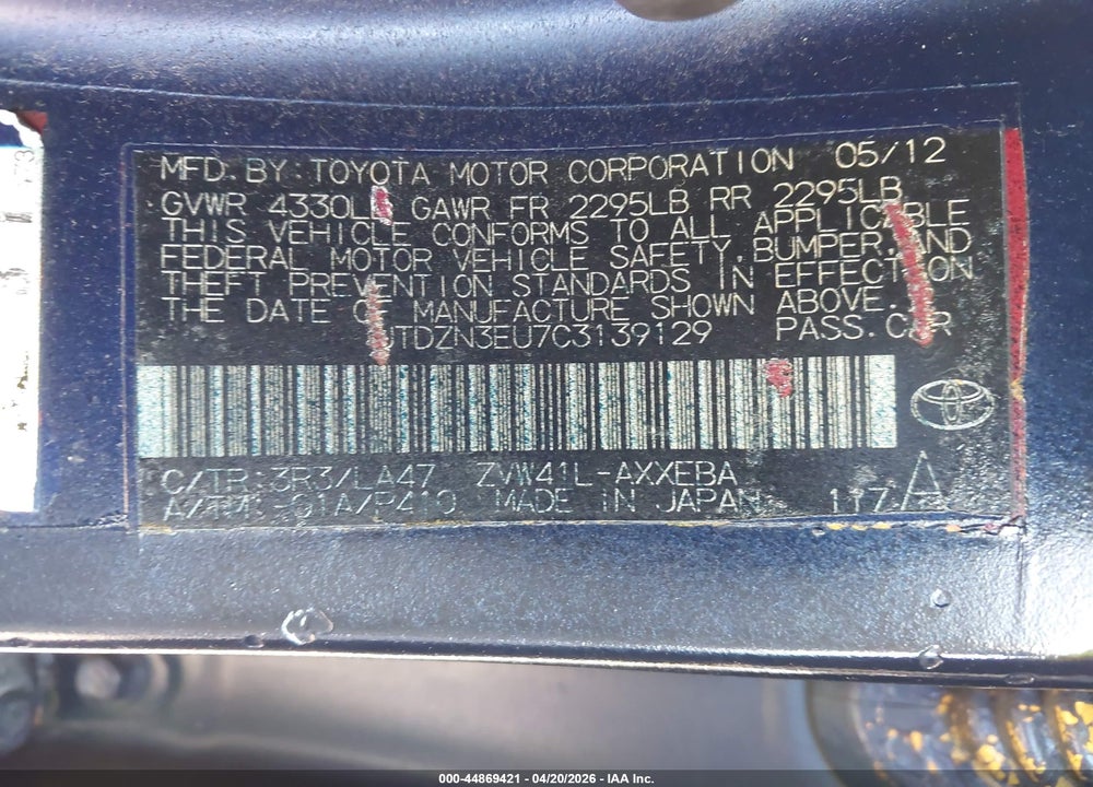 2012 TOYOTA PRIUS V VIN: JTDZN3EU7C3139129