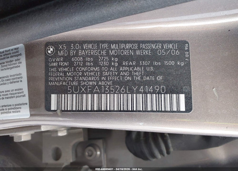 2006 BMW X5 3.0I VIN: 5UXFA13526LY41490