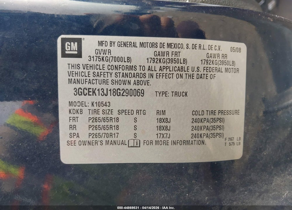 2008 CHEVROLET SILVERADO 1500 LT1 VIN: 3GCEK13J18G290069
