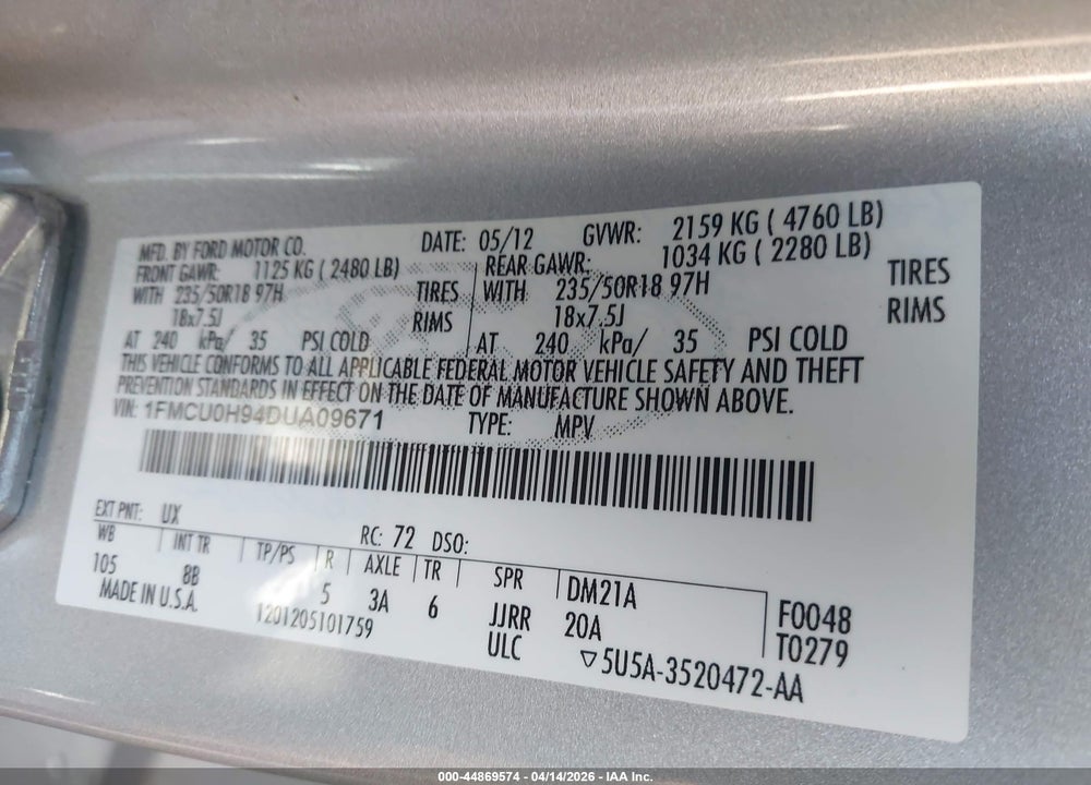 2013 FORD ESCAPE SEL VIN: 1FMCU0H94DUA09671