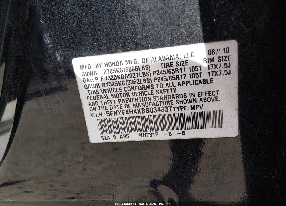 2011 HONDA PILOT EX VIN: 5FNYF4H4XBB034337