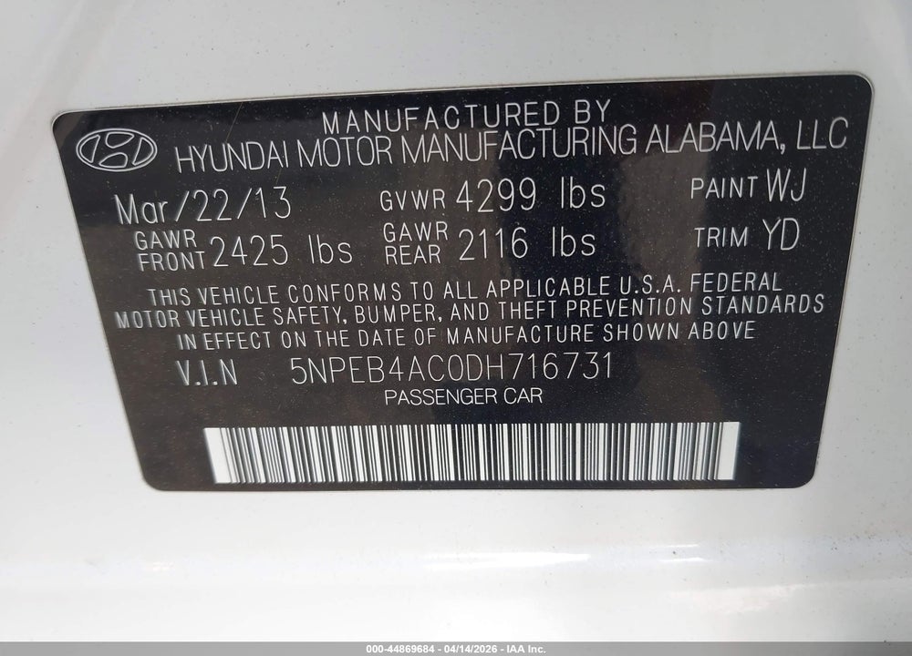 2013 HYUNDAI SONATA GLS VIN: 5NPEB4AC0DH716731