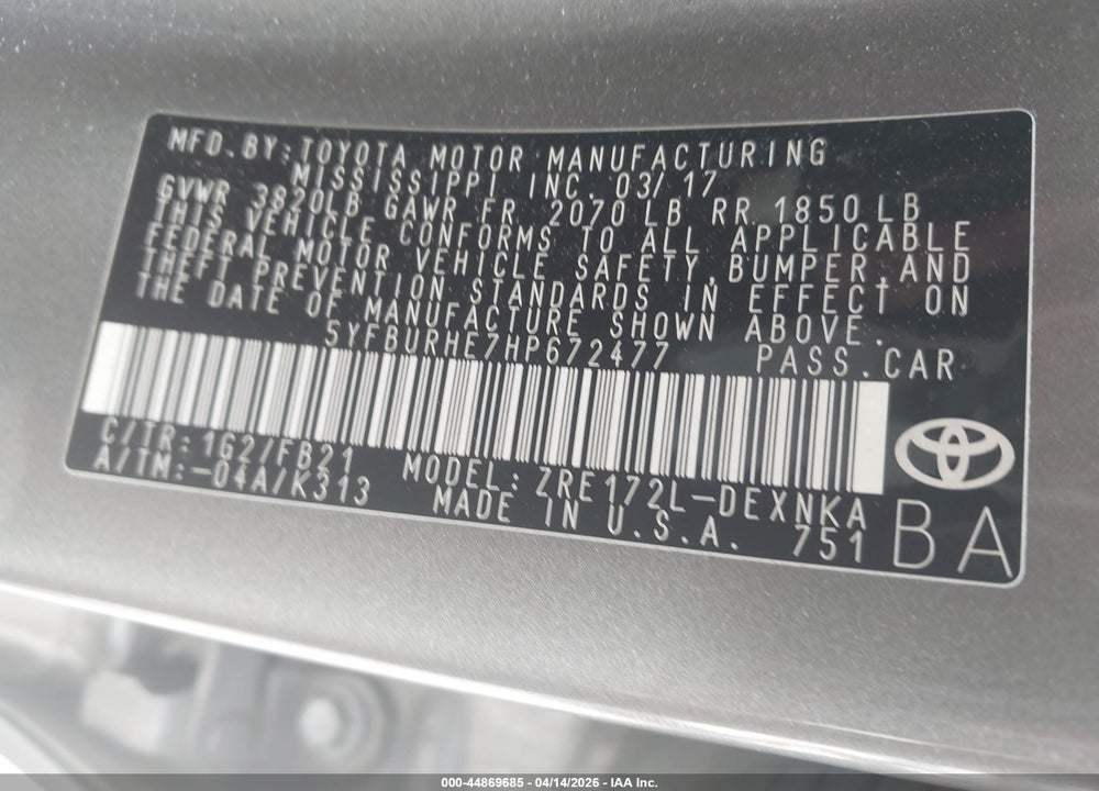 2017 TOYOTA COROLLA LE VIN: 5YFBURHE7HP672477