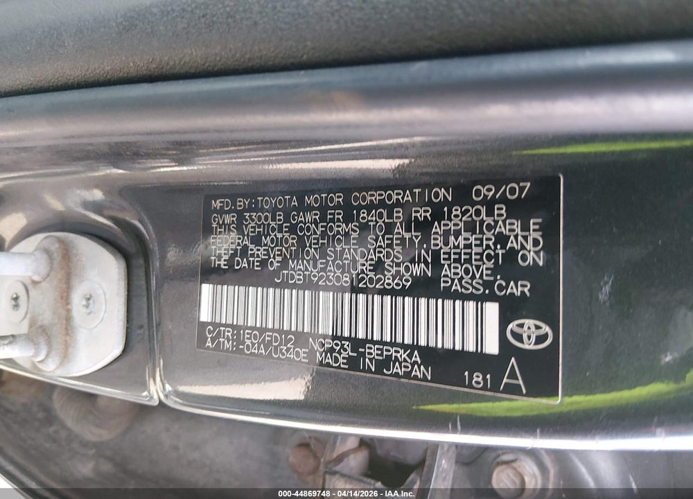 2008 TOYOTA YARIS VIN: JTDBT923081202869