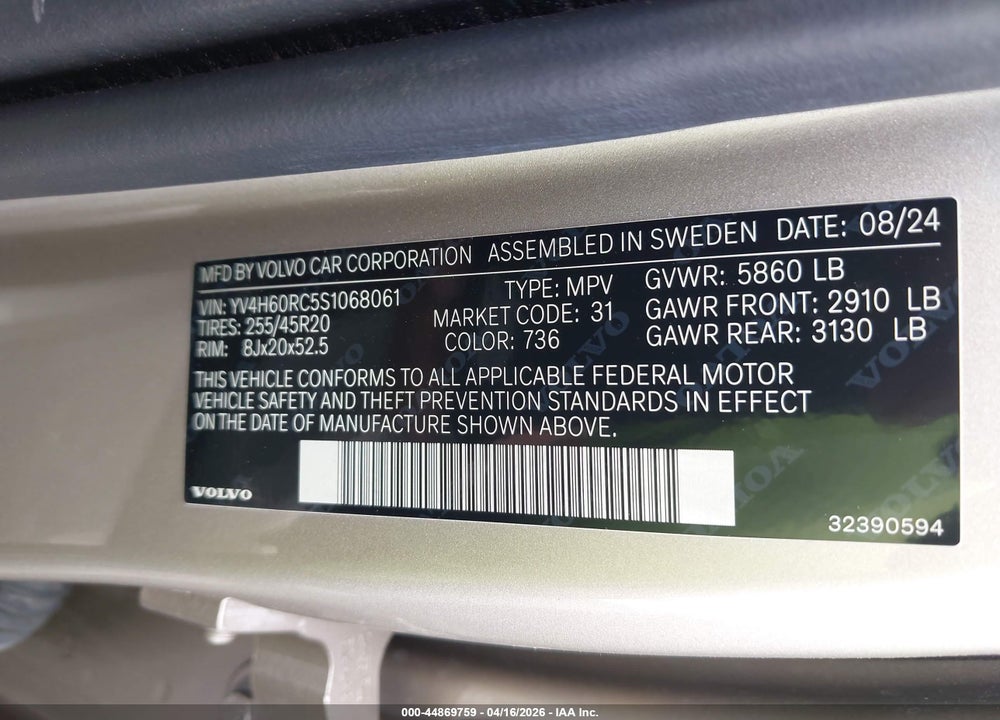 2025 VOLVO XC60 PLUG-IN HYBRID PLUS, T8 AWD ELECTRIC/GASOLINE, DARK VIN: YV4H60RC5S1068061