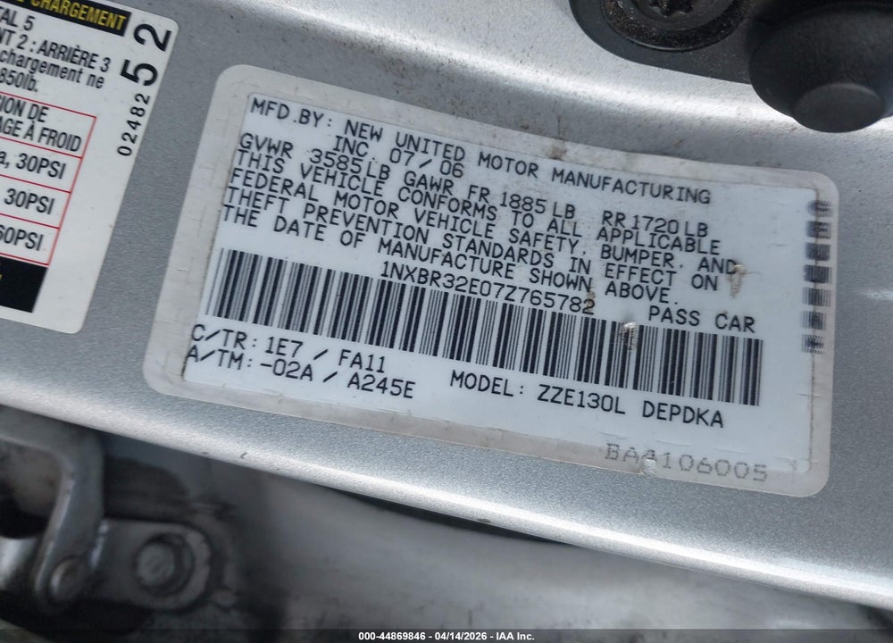 2007 TOYOTA COROLLA CE VIN: 1NXBR32E07Z765782