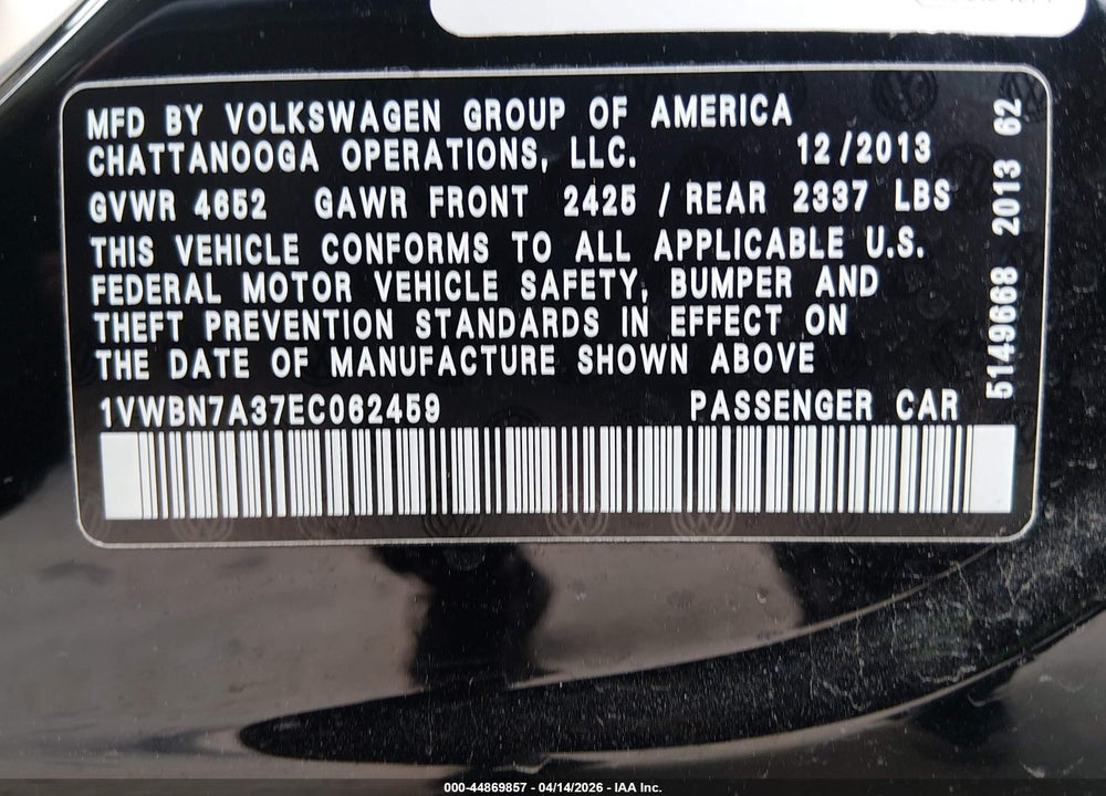 2014 VOLKSWAGEN PASSAT 2.0L TDI SE VIN: 1VWBN7A37EC062459