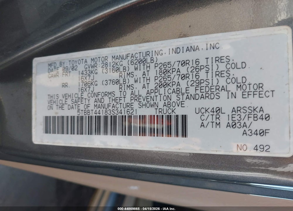 2003 TOYOTA TUNDRA SR5 V8 VIN: 5TBBT44183S341621