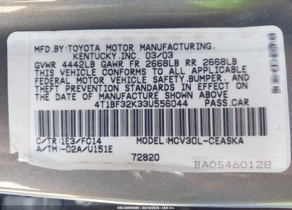 2003 TOYOTA CAMRY SE V6 VIN: 4T1BF32K33U556044