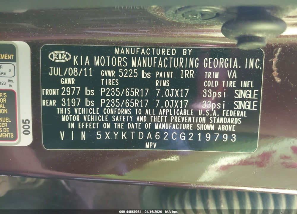 2012 KIA SORENTO LX VIN: 5XYKTDA62CG219793