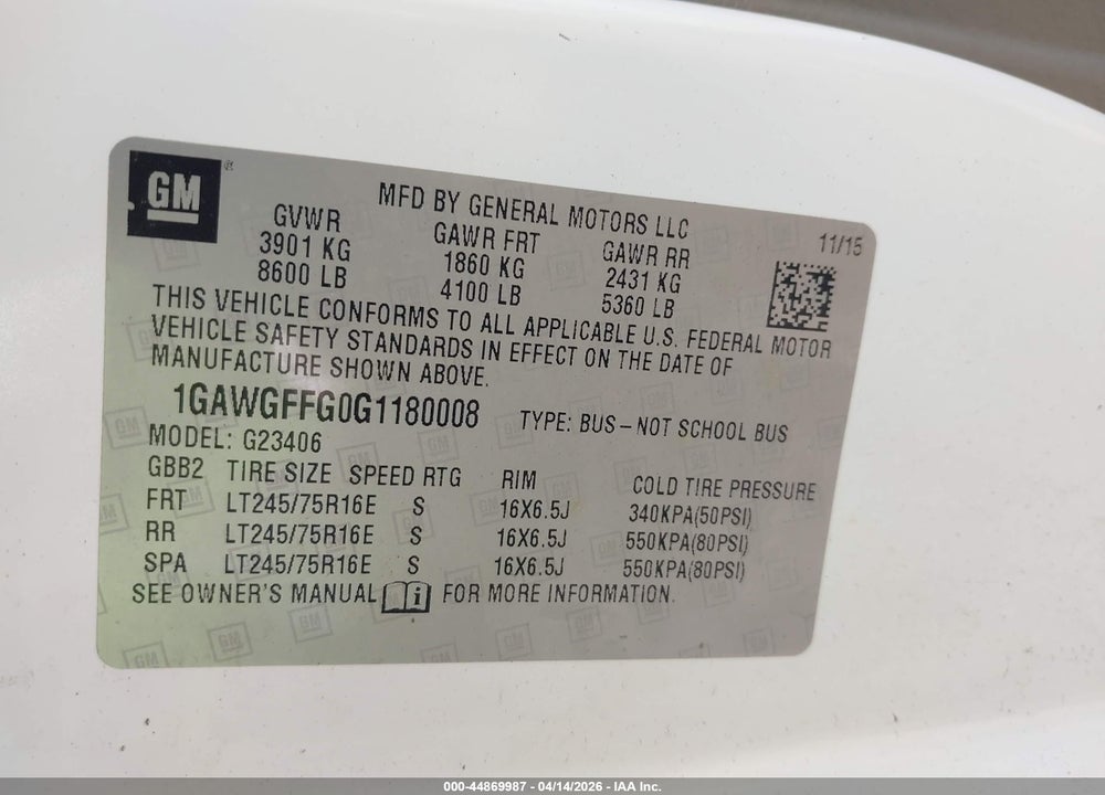 2016 CHEVROLET EXPRESS 2500 LT VIN: 1GAWGFFG0G1180008