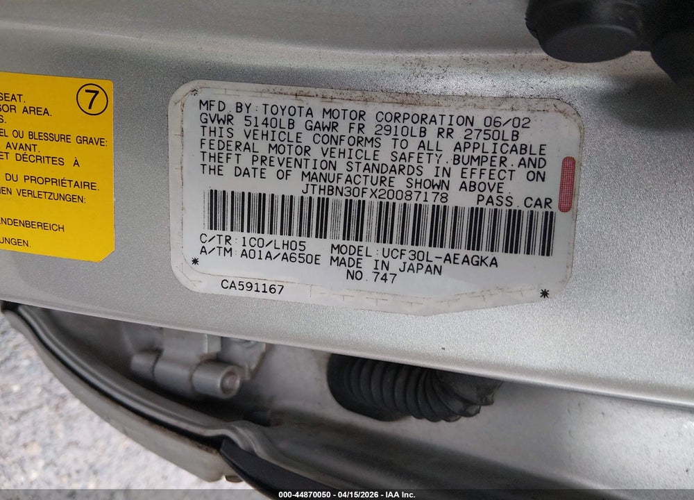 2002 LEXUS LS 430 VIN: JTHBN30FX20087178