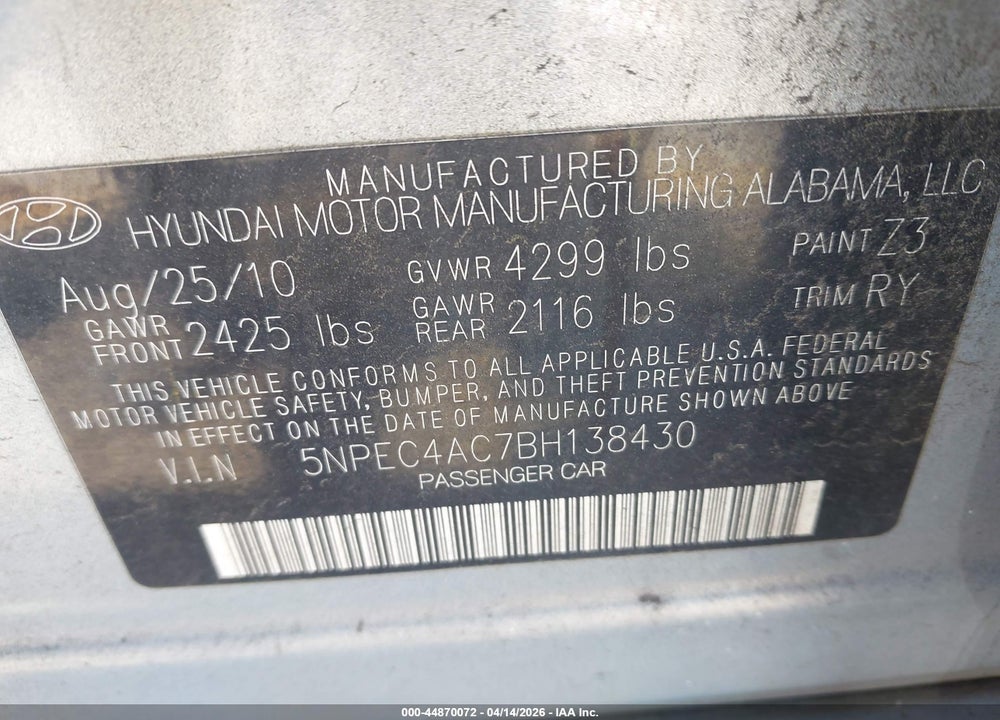 2011 HYUNDAI SONATA SE VIN: 5NPEC4AC7BH138430