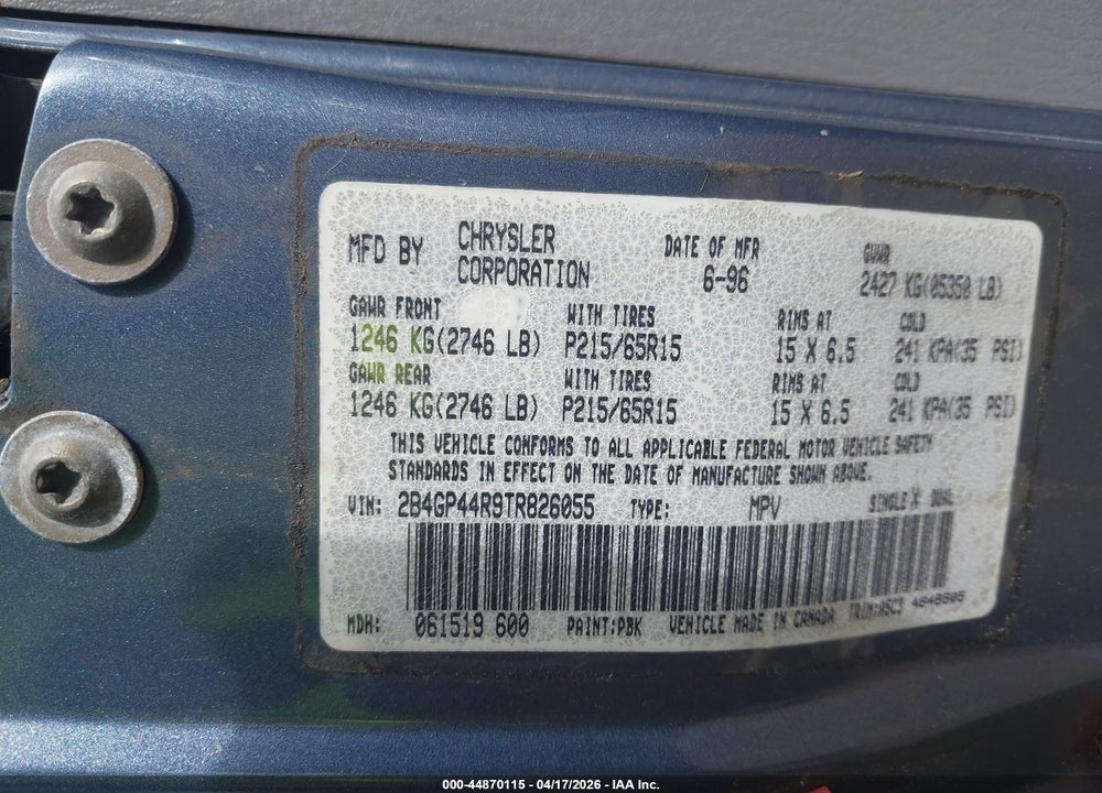 1996 DODGE GRAND CARAVAN SE VIN: 2B4GP44R9TR826055