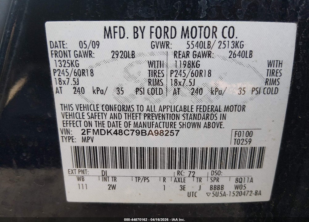 2009 FORD EDGE SEL VIN: 2FMDK48C79BA98257