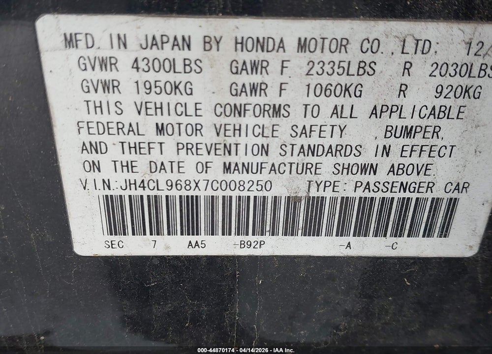 2007 ACURA TSX VIN: JH4CL968X7C008250